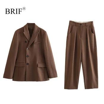 BRIF נשים אופנה חום Crossover בלייזר & Midi מותן הבלון להתאים מכנסיים 2 יח 'מתאים להגדיר את הז' קט מכנסיים עבור משרד ליידי